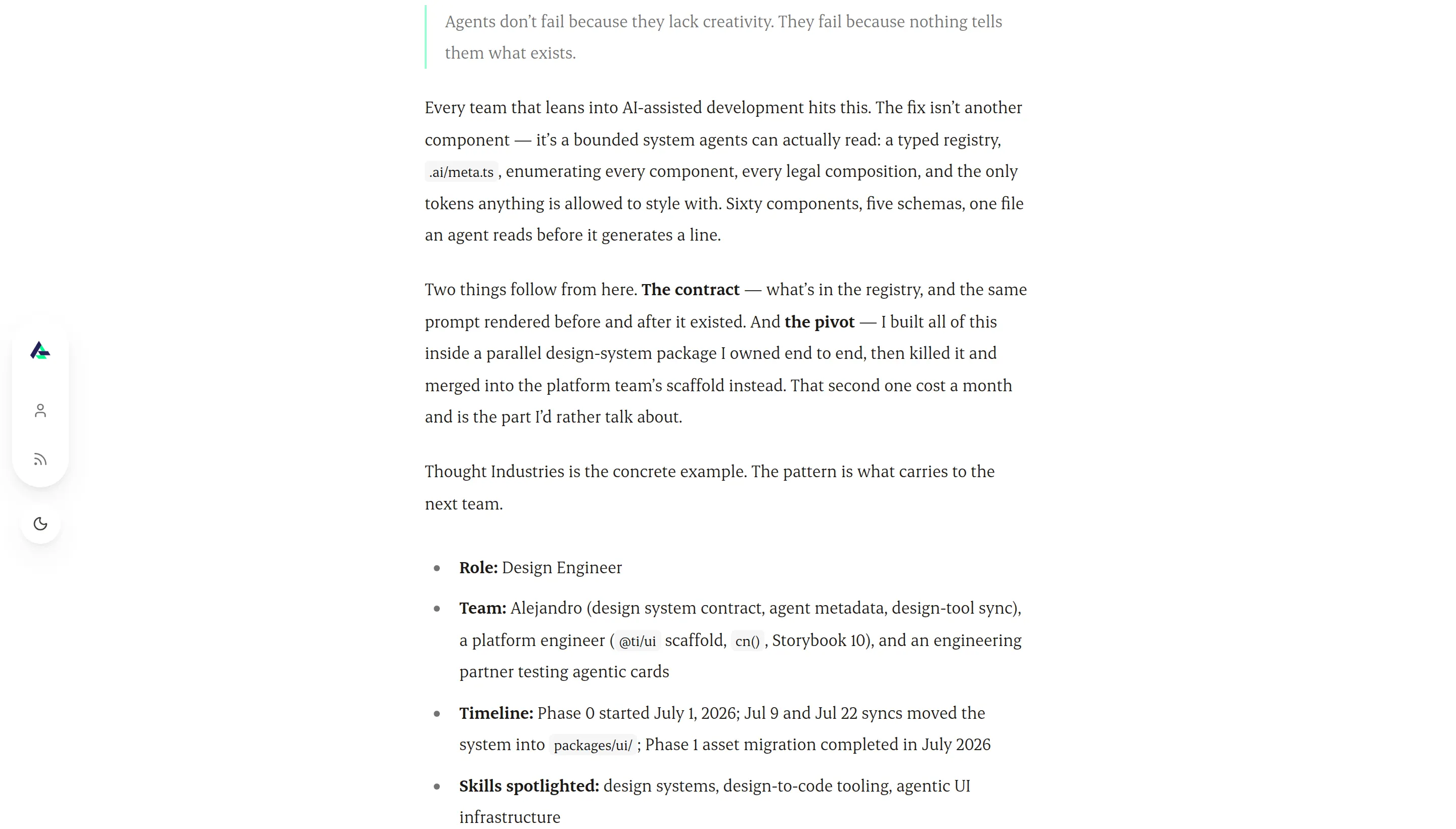 A showcase article rendered through the site's own type system — Satoshi headings above Erode body copy, sitting in the 63ch reading column with the slim left dock alongside