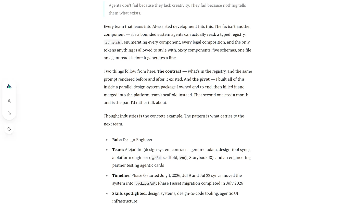 A showcase article rendered through the site's own type system — Satoshi headings above Erode body copy, sitting in the 63ch reading column with the slim left dock alongside