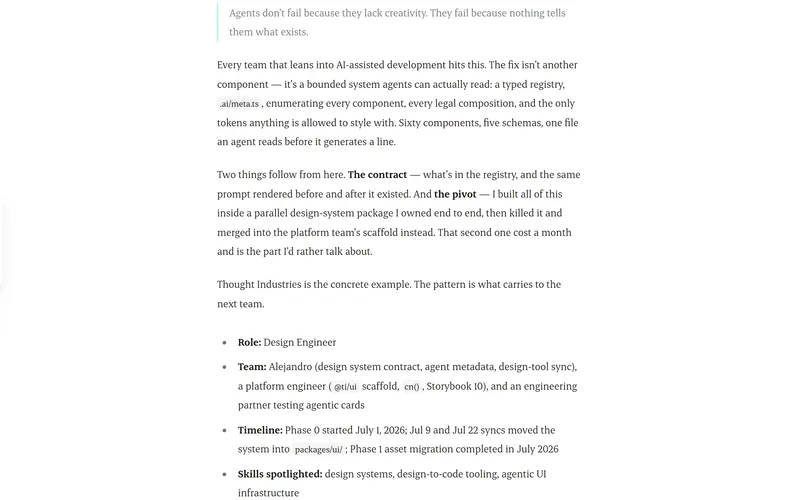 A showcase article rendered through the site's own type system — Satoshi headings above Erode body copy, sitting in the 63ch reading column with the slim left dock alongside