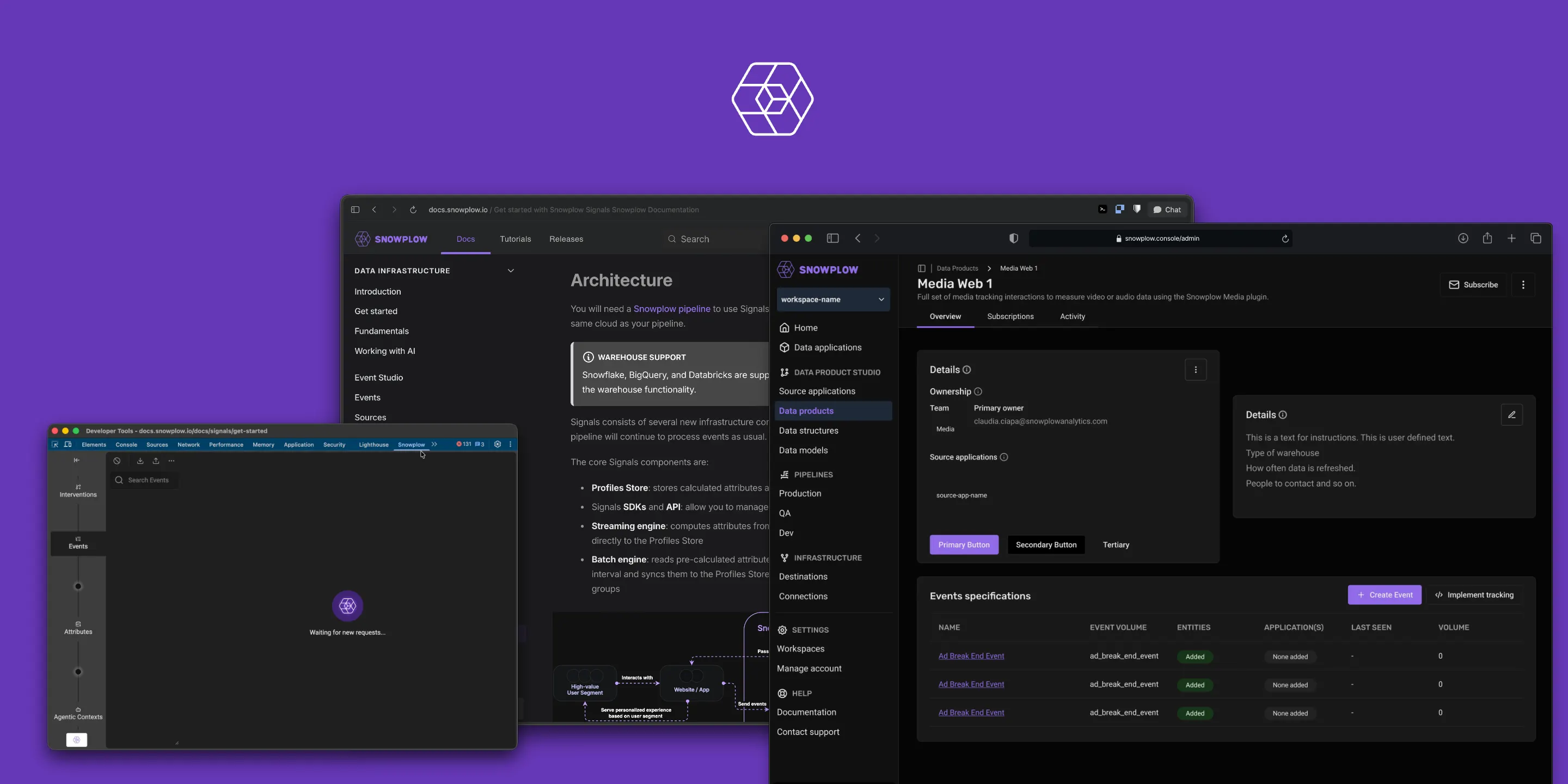 Avalanche design system — semantic tokens shared across three Snowplow surfaces: Console, Docs, and the Inspector extension.