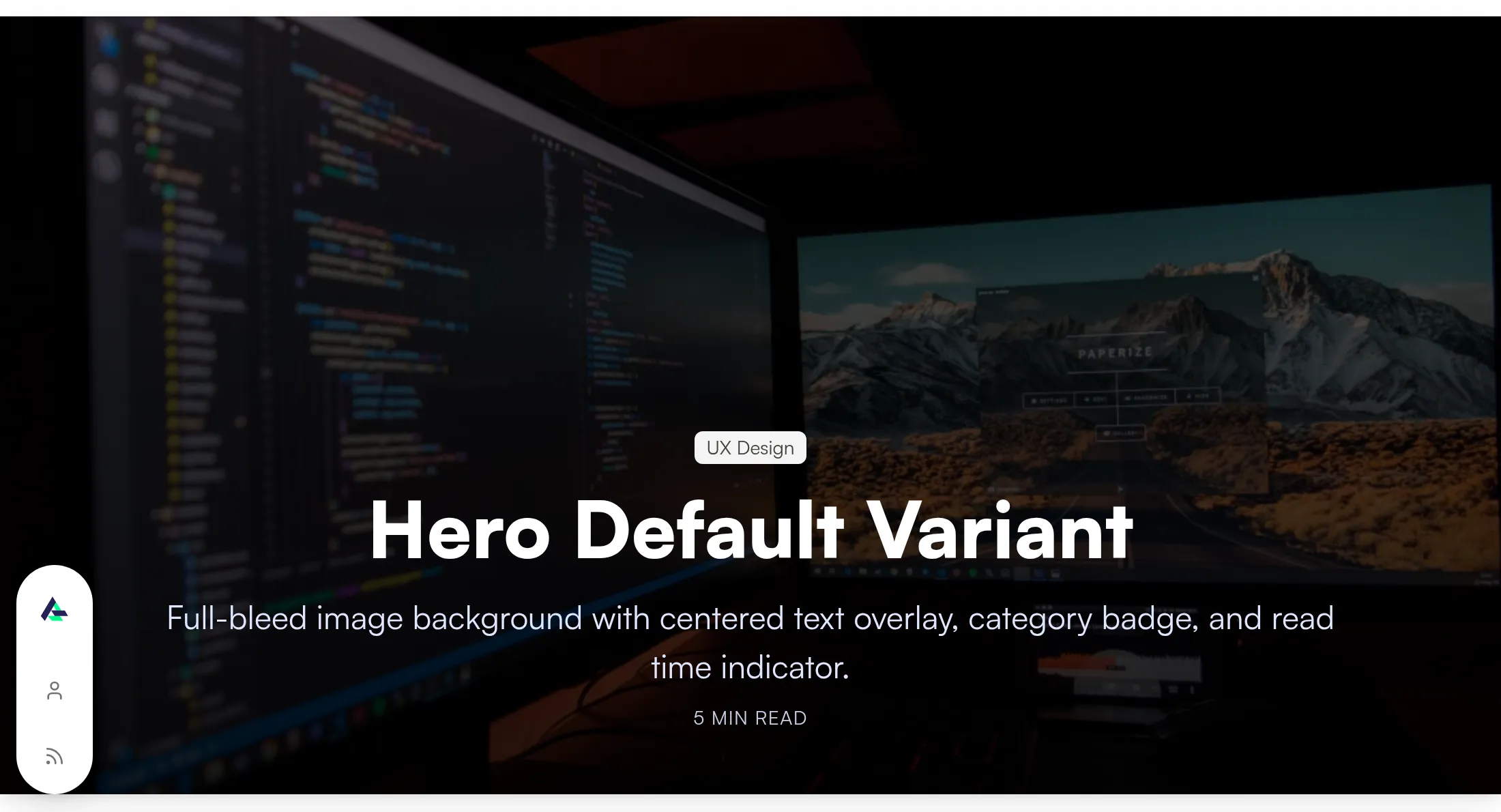 The default hero: a full-bleed photograph with a category chip, large white title and description centered over the middle of the image