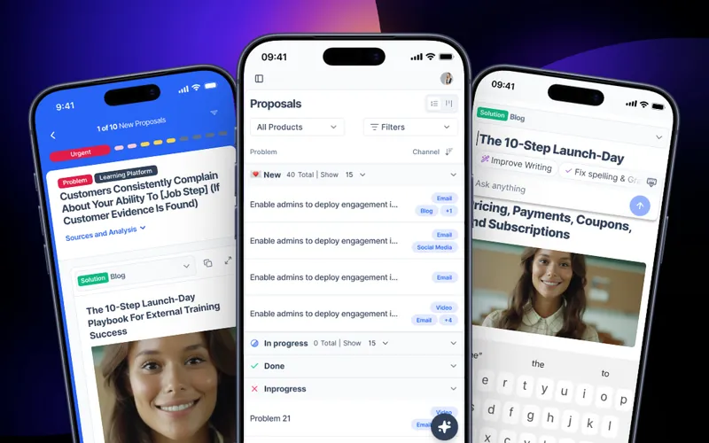 The Customer Value Agent shown across three mobile screens — proposals, editor, and dashboard.