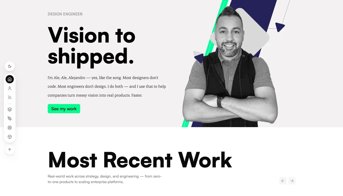 Portfolio homepage with the shipped floating dock — slim left-edge column on desktop, top-center pill on mobile