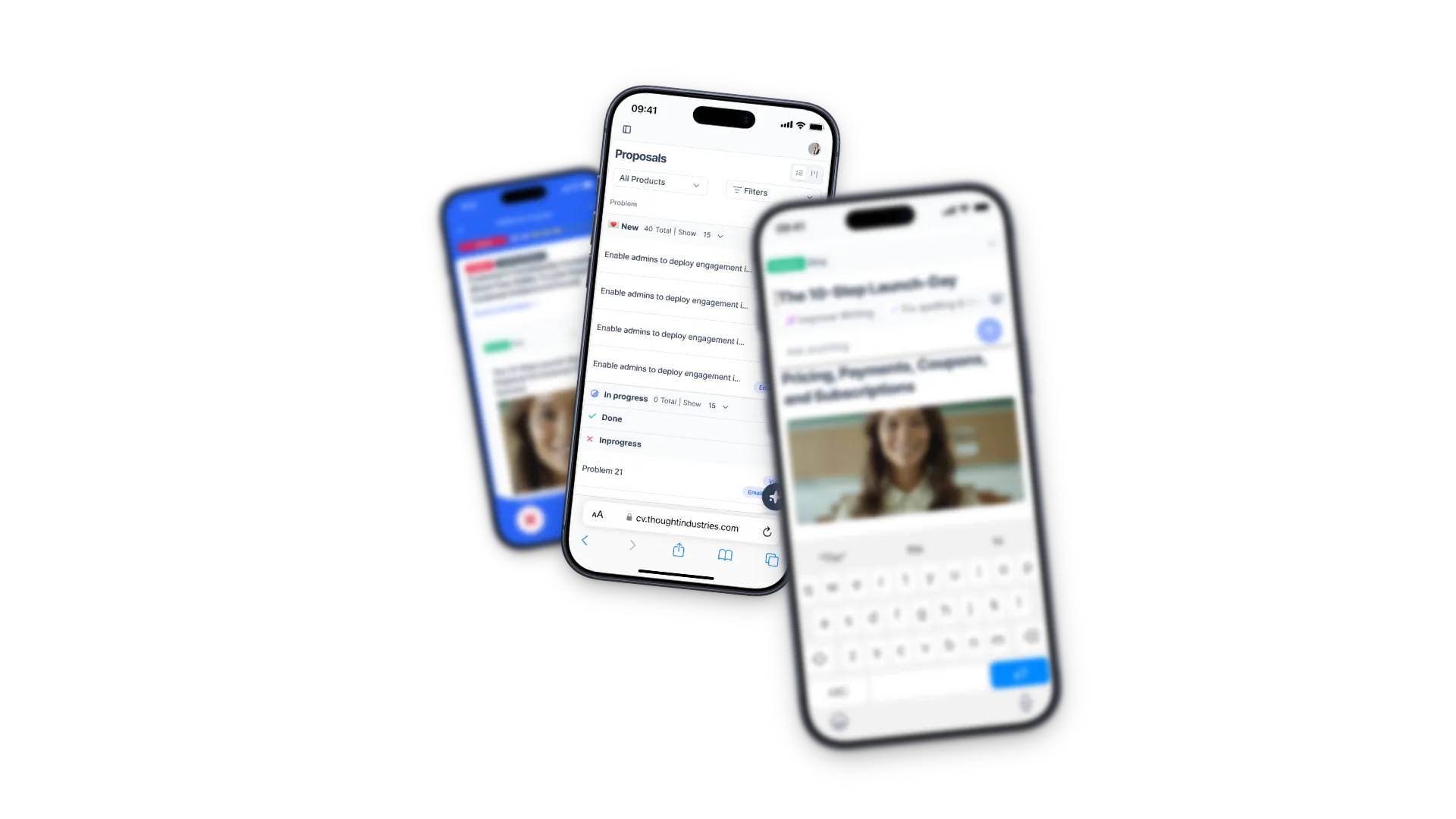 The Customer Value Agent across three floating mobile screens — proposal queue, content editor, and Weekly Score dashboard.
