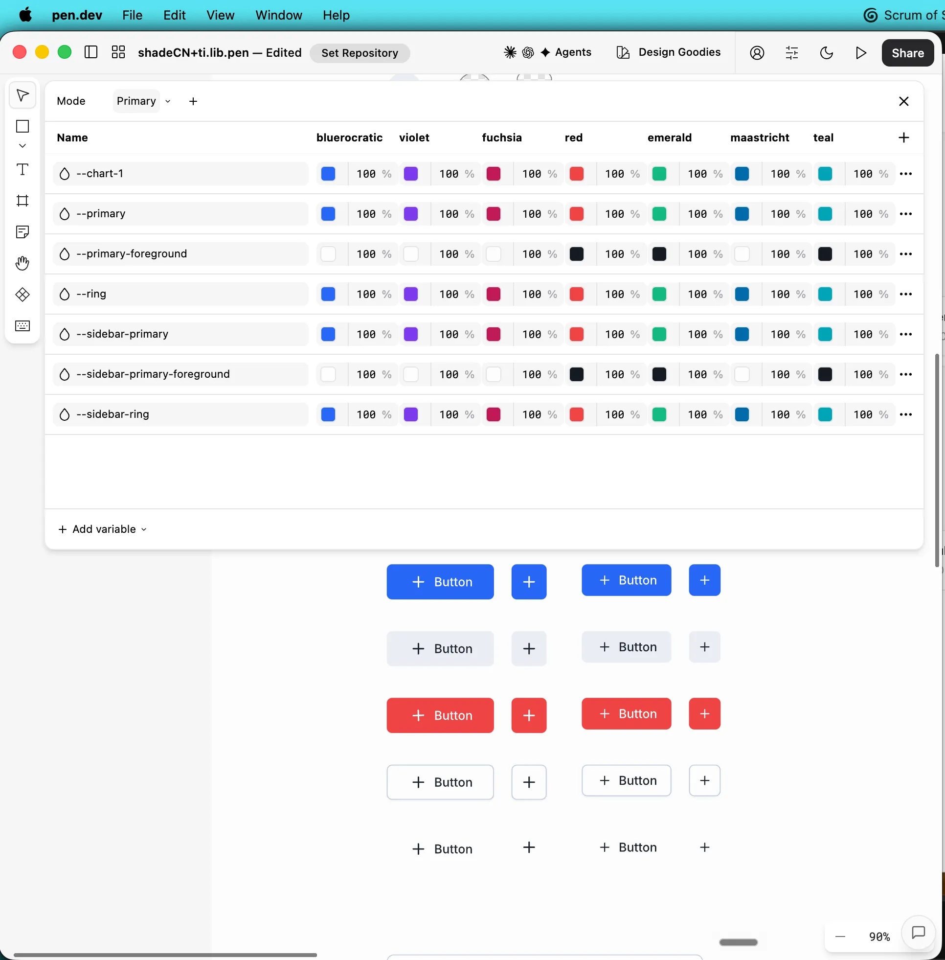 Mode Primary in Pencil: seven tenant themes mapped to tiOS CSS variables (--primary, --ring, sidebar tokens), with live button variants on canvas.