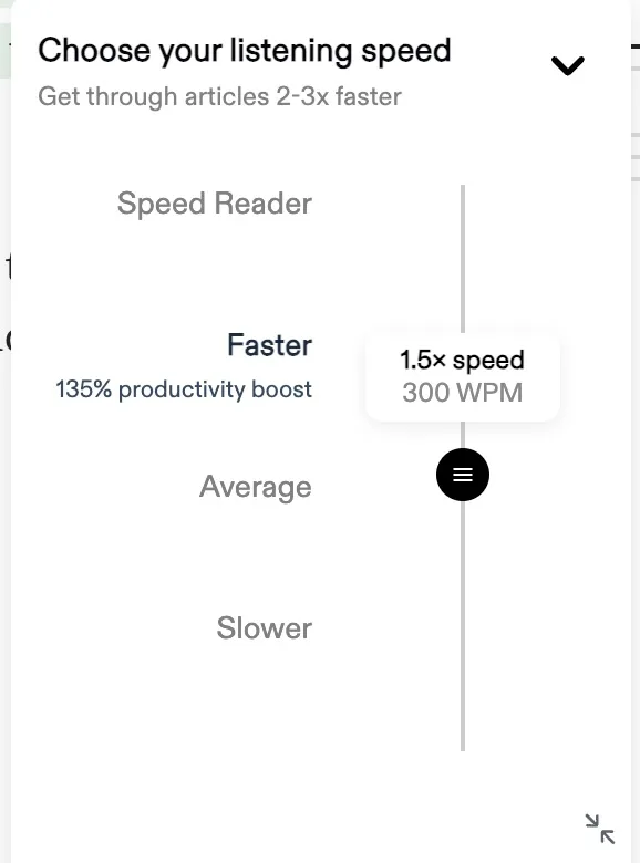 Reader speed menu showing playback options from 0.75x through 2x