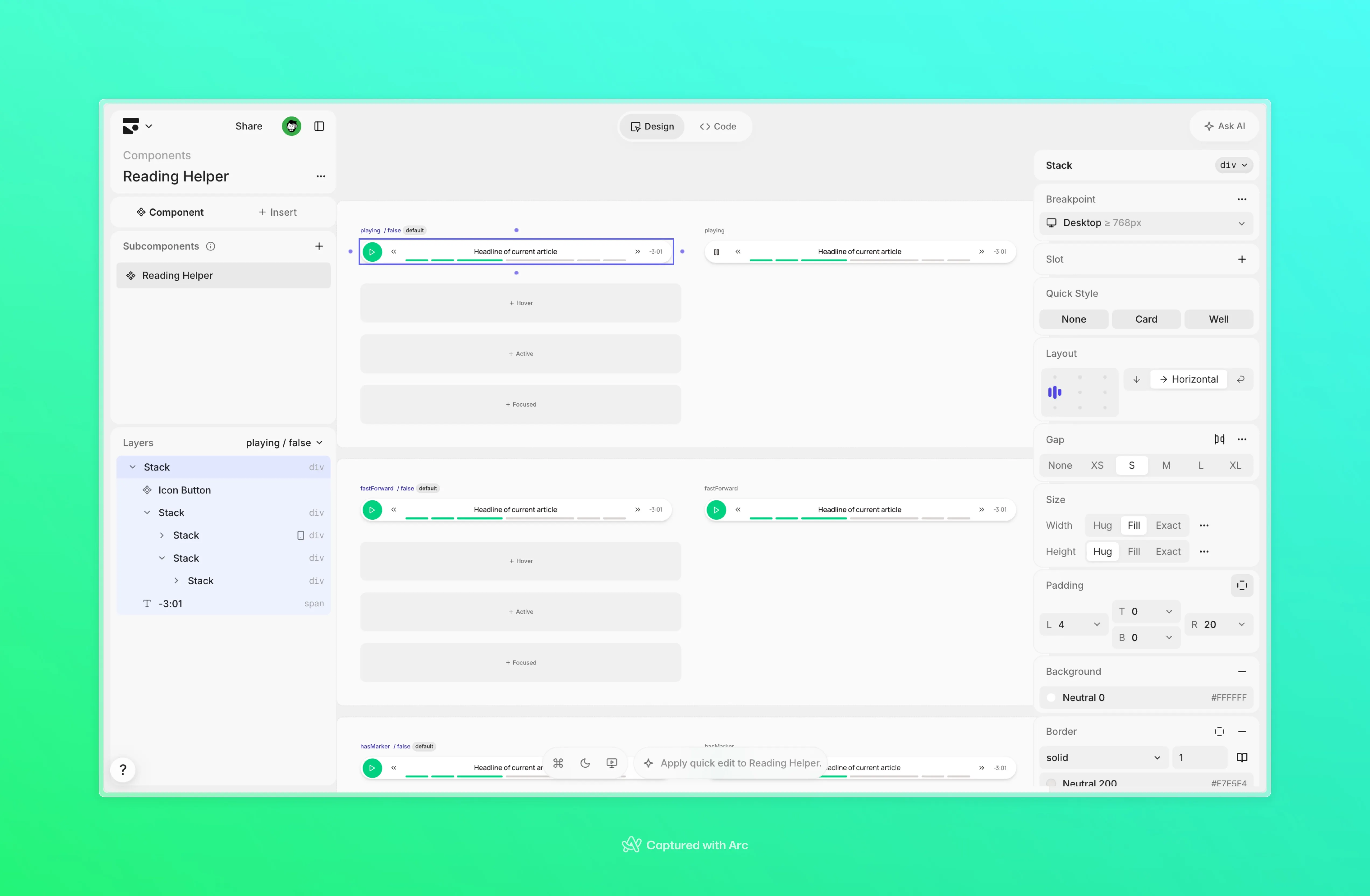 The Reading Helper component open in Subframe, its playing, fast-forward, and marker variants laid out beside the layer tree and style panel