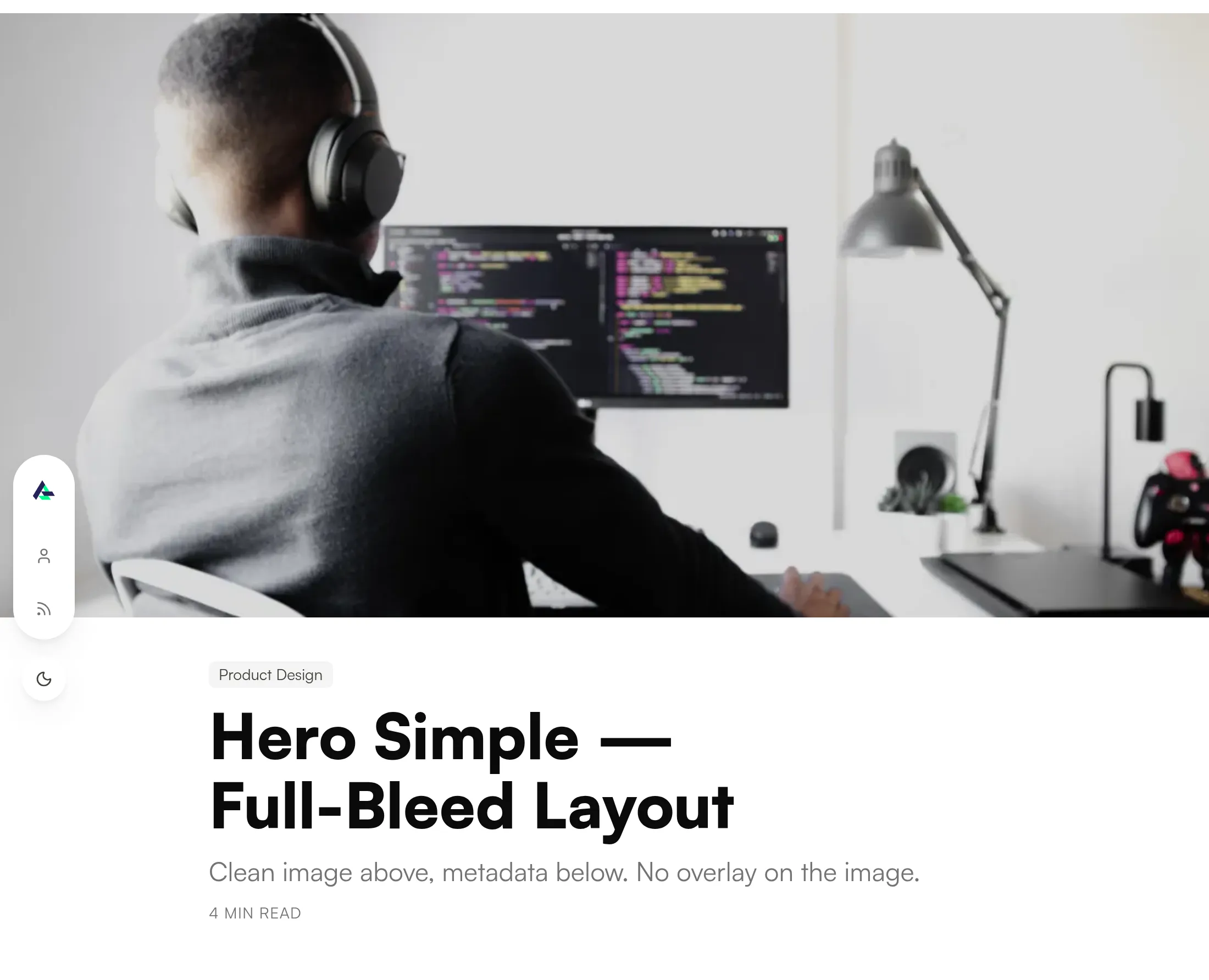 The simple full-bleed hero: the image runs edge to edge with the title, description and read time stacked in the reading column below it