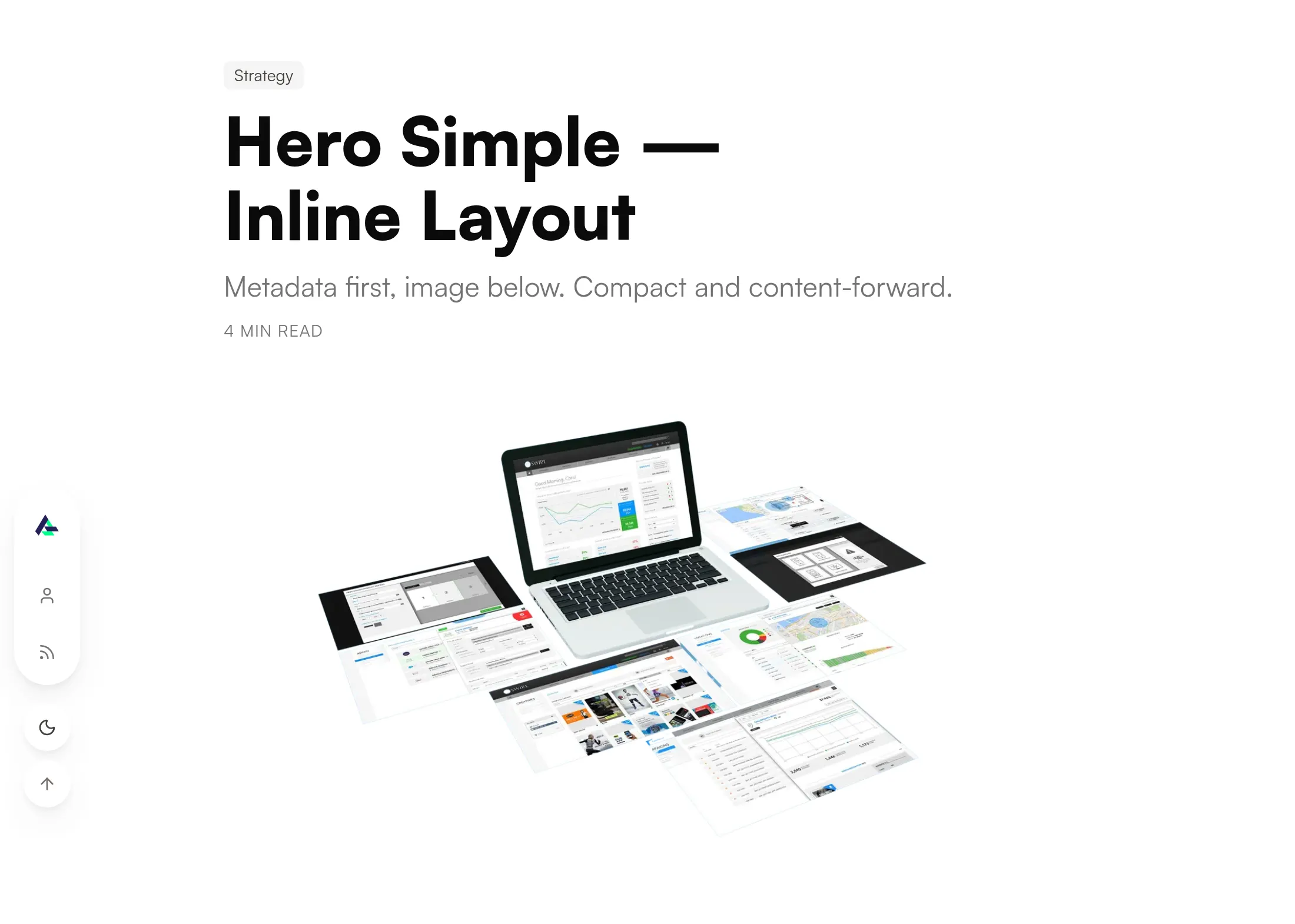 The inline hero arrangement rendered at 1100px — category chip, black display title, description and read time stacked above the image rather than over it