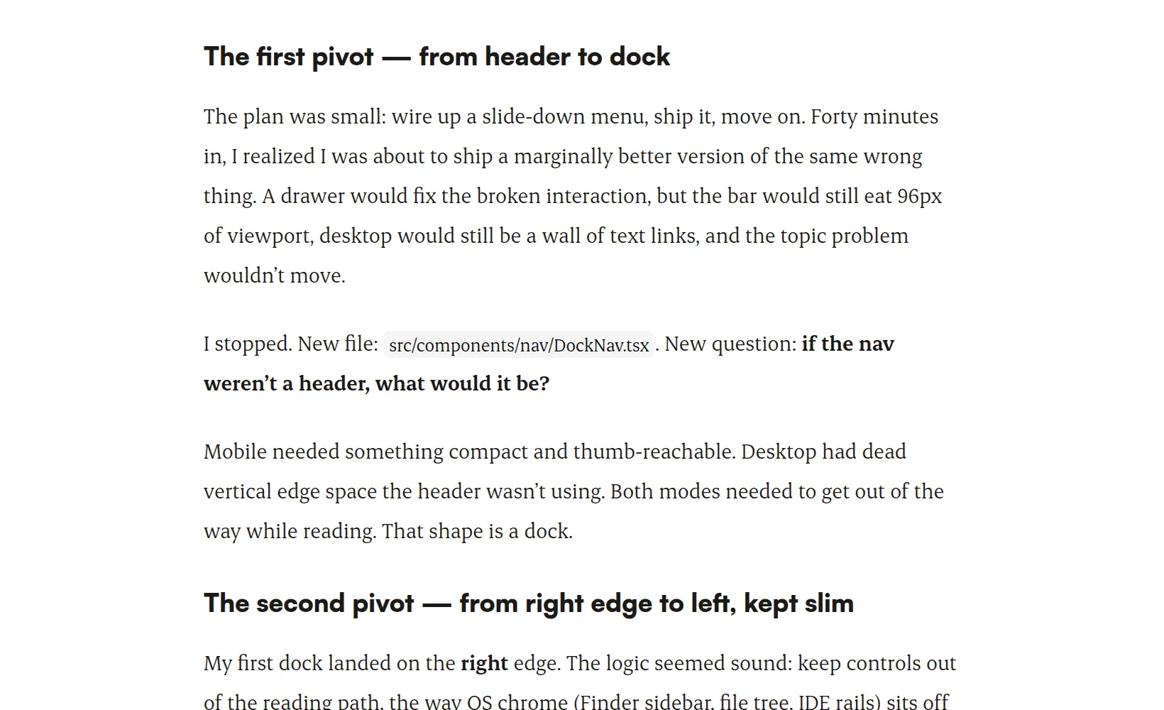 An article body at a 16px typeset base: two section headings and three paragraphs fit the frame, the measure running noticeably narrow