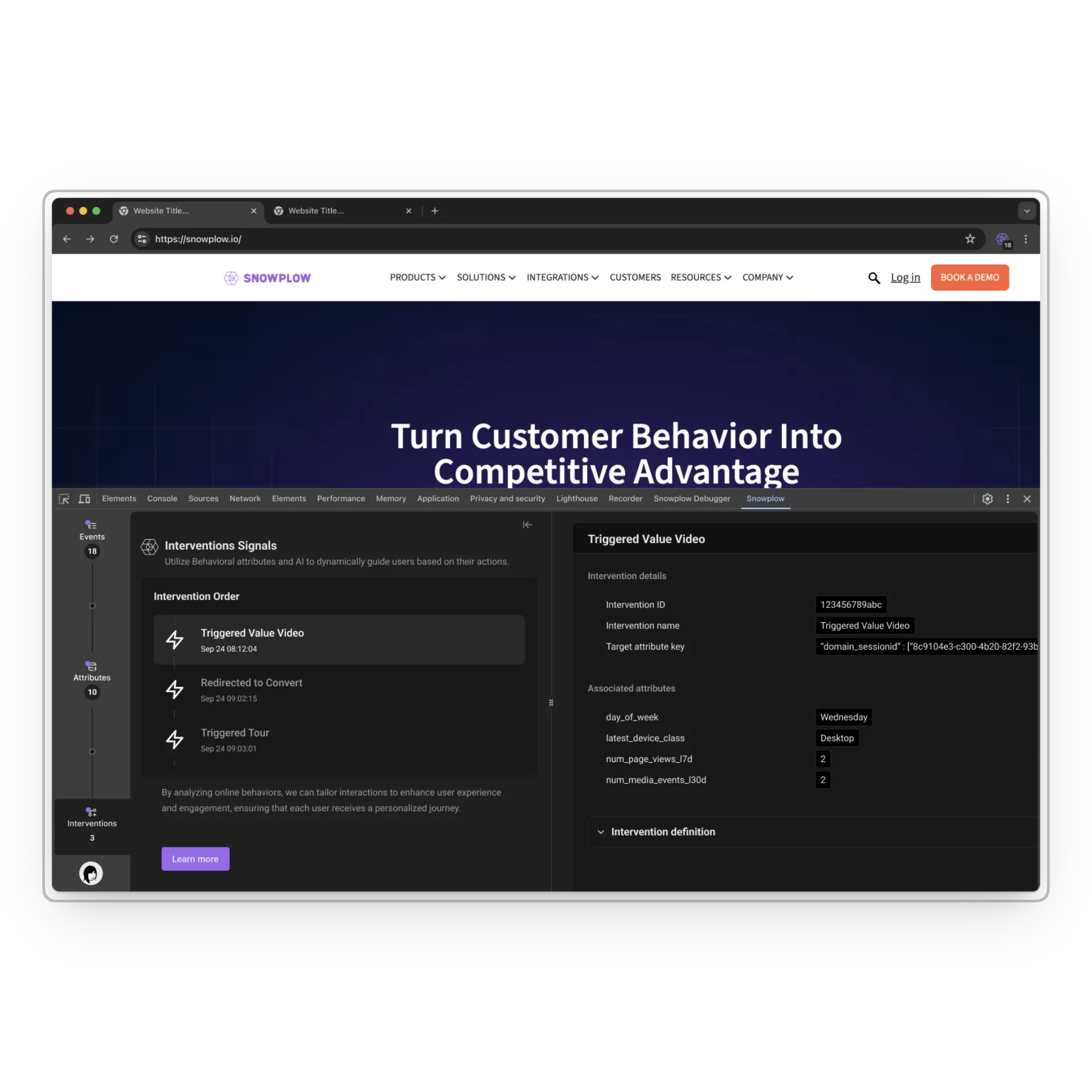 Snowplow site with the Interventions Signals debugger open
