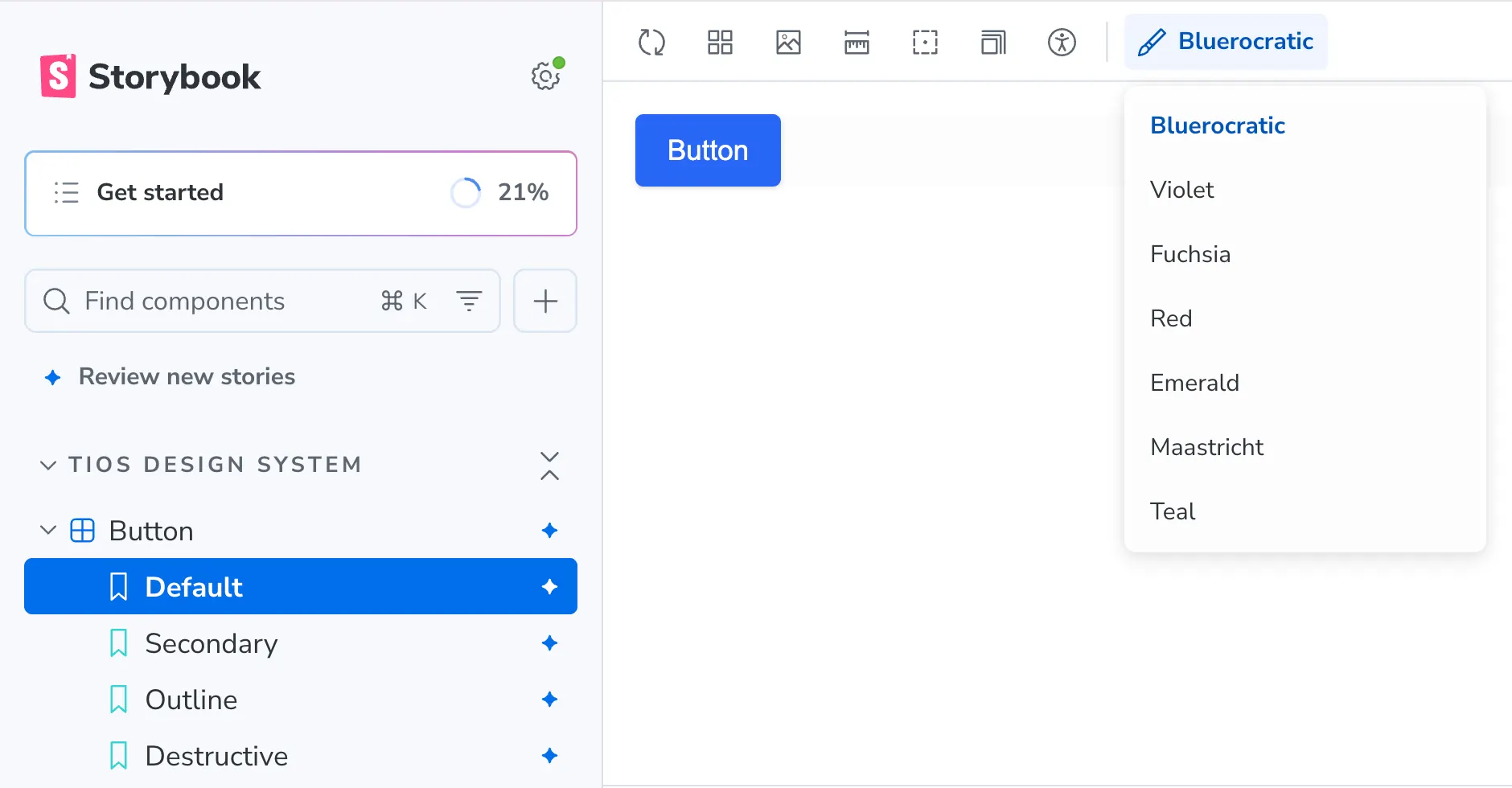 Storybook 10 in @ti/ui — tiOS Design System sidebar, Button default story, and Tenant Primary theme picker with seven tenant palettes