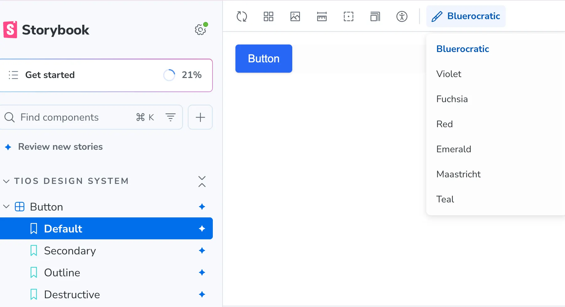 Storybook 10 in @ti/ui — tiOS Design System sidebar, Button default story, and Tenant Primary theme picker with seven tenant palettes