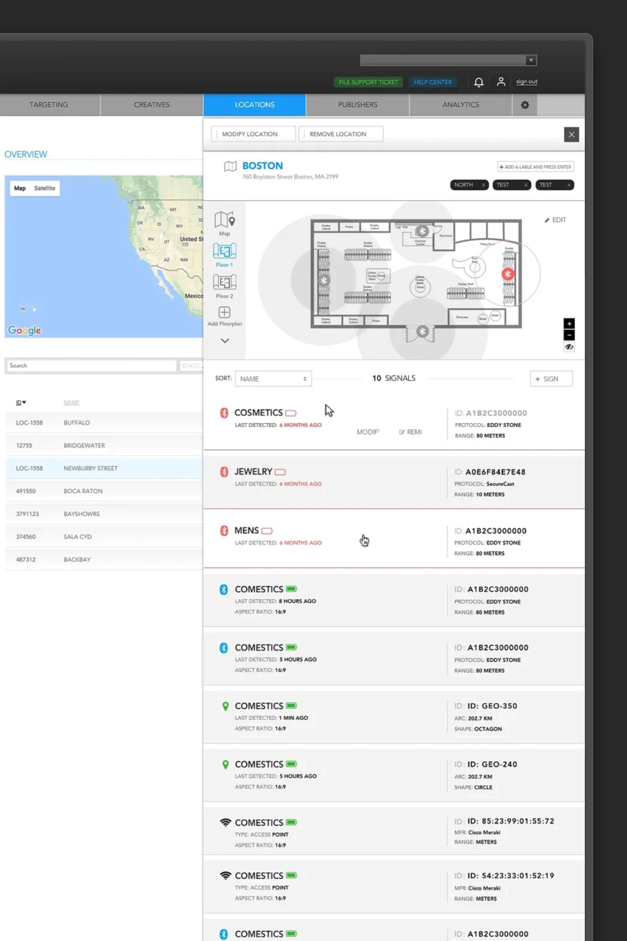 Beacon health dashboard with pie chart showing beacon status breakdown, coverage map, and historical performance graph