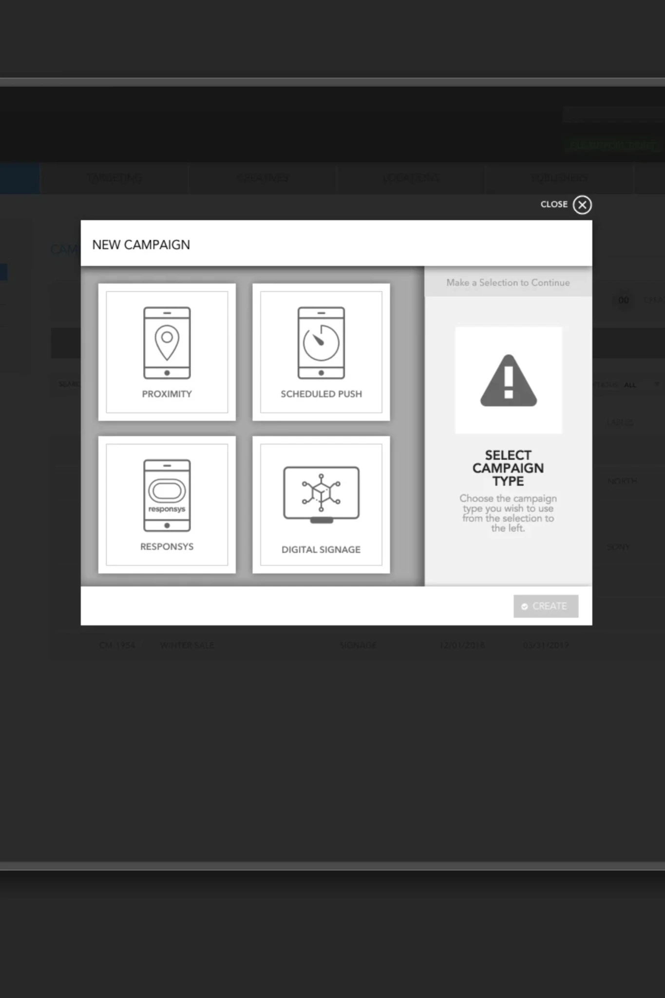 New campaign modal with four campaign type options: Proximity, Scheduled Push, Responsys, and Digital Signage
