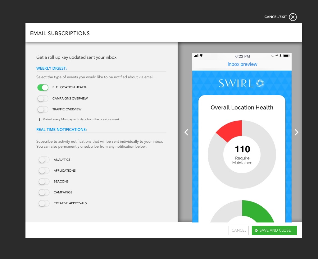 Email Subscriptions modal — left side shows Weekly Digest toggles for BLE Location Health (on), Campaigns Overview, and Traffic Overview, plus Real Time Notification toggles for Analytics, Applications, Beacons, Campaigns, and Creative Approvals; right side shows a live inbox preview of the BLE Location Health email with an Overall Location Health donut chart showing 110 beacons require maintenance